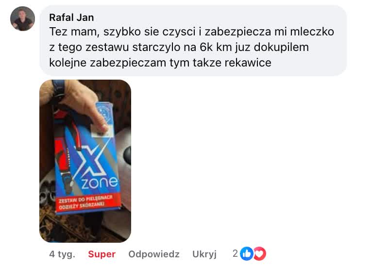 Komentarz na Facebooku, Rafał Jan: „Też mam, szybko się czyści i zabezpiecza, mleczko z tego zestawu starczyło na 6 tys. km, już dokupiłem kolejne, zabezpieczam tym także rękawice”.